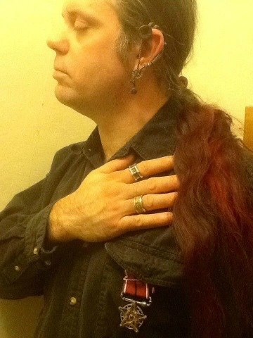 Me, with Steampunk rings, Master&#039;s Voice earring, and Occult Industrial Star medal